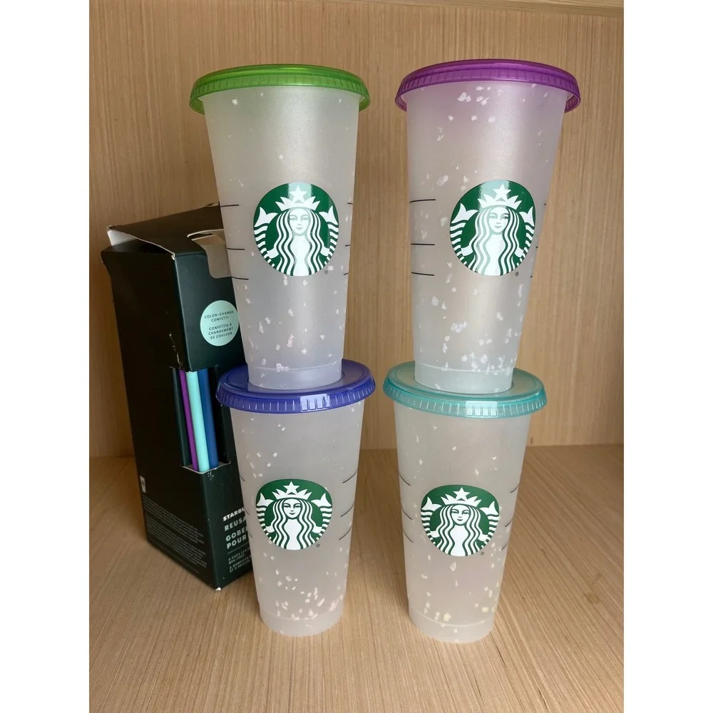 Starbucks Reusable Color Changing Confetti Cold Cups 24oz Tumbler Set of 4 NEW